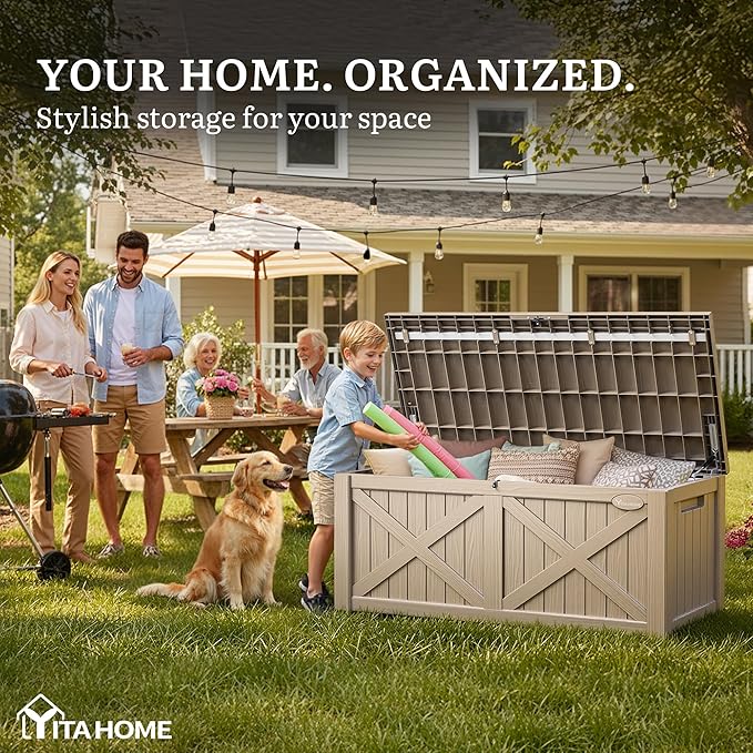 YITAHOME 150 Gallon Large Deck Box with X-Shaped Front, Resin Outdoor Storage Boxes, Waterproof Cushion Storage Bench for Patio, Pool Supplies, Garden Tools - Lockable, Taupe - Image 3
