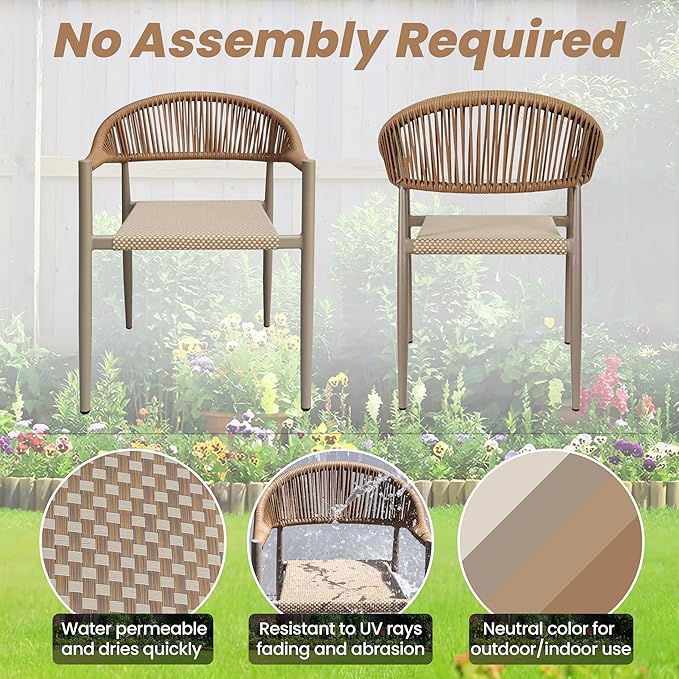 8 Pcs Stackable Patio Dining Chairs, Aluminum Rattan Outdoor Dining Chair with Arms, Woven Rope Garden Armchair Metal No Assembly for Bistro Balcony Porch Deck Yard Cafe Restaurant, Light Brown - Image 6