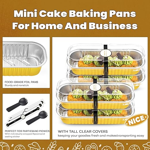 50 Pack Mini Cake Pans with Lids and Spoons Gold Rectangular Aluminum Foil - Image 5