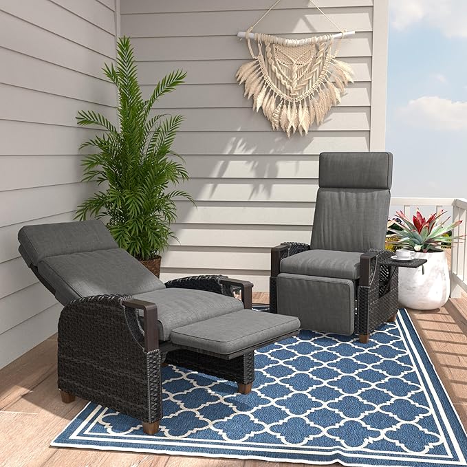 Grand patio Outdoor Recliner Air Pump 150° Lay Flat Reclining Chair with Independent Adjustable Back and Footrest Removable Olefin Cushion Flip-Up Table Wicker Grey 2PCS by GrandPatio