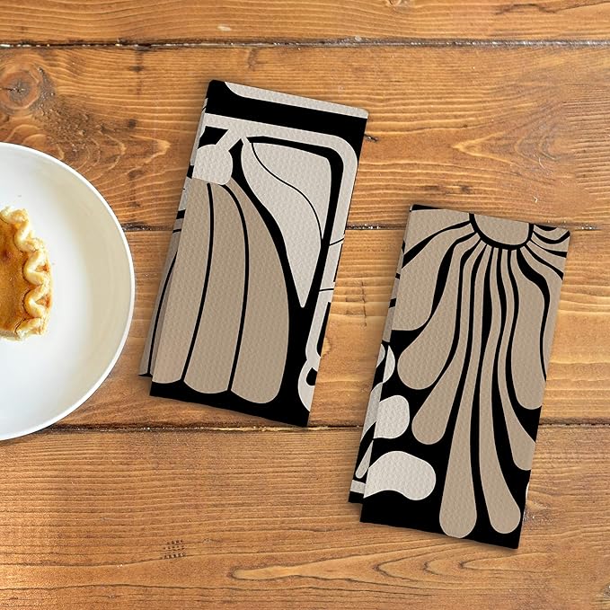 Abstract Boho Neutral Taupe and Beige Floral Kitchen Towels Set of 2, Retro 70s - Image 3