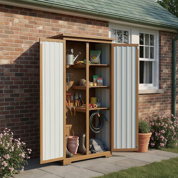 PetsCosset Outdoor Storage Cabinet, Wood & Metal Storage Shed with Weather-Resistant Roof, Removable Shelves, Lockable Doors, Outside Storage Tool Organizer for Garden, Patio, Backyard, Garage, Pool - Image 6