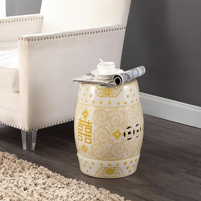 JONATHAN Y TBL1013B Double Happiness 18" Chinoiserie Ceramic Drum Indoor/Outdoor Garden Stool Bohemian, Coastal, Classic, Cottage,Traditional, Patio, Garden, Bathroom, Living Room, Yellow/White - Image 2