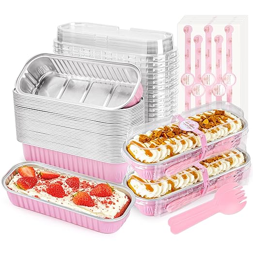 100 Pack Mini Cake Pans with Lids and Spoons Rectangular Aluminum Foil Baking by NPLUX