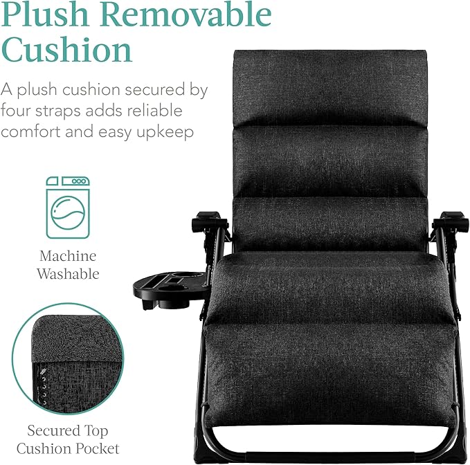 Best Choice Products Oversized Zero Gravity Chair, Folding Outdoor Patio Recliner, XL Anti Gravity Lounger w/Removable Cushion, Cup Holder, Side Tray, 350lb Capacity - Onyx Black - Image 4