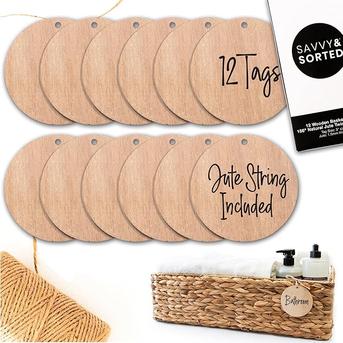 SAVVY & SORTED 12 Round Wooden Ornament Basket Tags by SAVVYSORTED%C2%AE