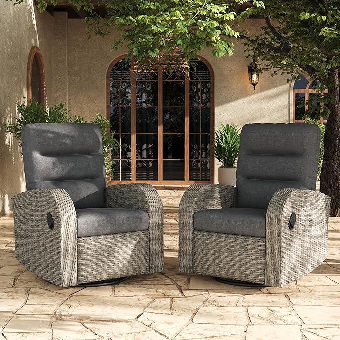 LayinSun Oversized Wicker Outdoor Swivel Glider Recliner with Adjustable Backrest & Footrest, Patio Reclining Lounge Chair - Set of 2 by LayinSun