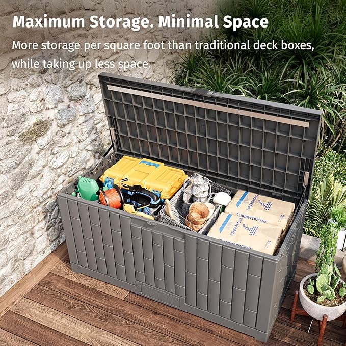 EAST OAK 120 Gallon Outdoor Storage Box | Large Resin Deck Box with Reinforced Stainless Steel Support | Waterproof & UV-Resistant Patio Storage Box for Cushions, Garden Tools & Pool Accessories, Grey - Image 2