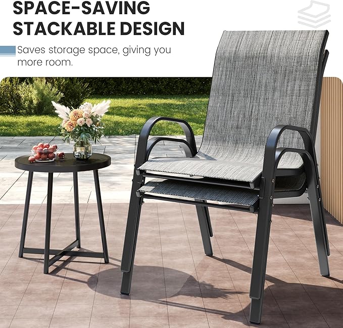 Patio Dining Chairs Set of 8, Outdoor High Stacking Chairs，Breathable Seat Fabric and Alloy Steel Frame for Backyard, Porch, Garden, Sunroom (Light Grey) - Image 6