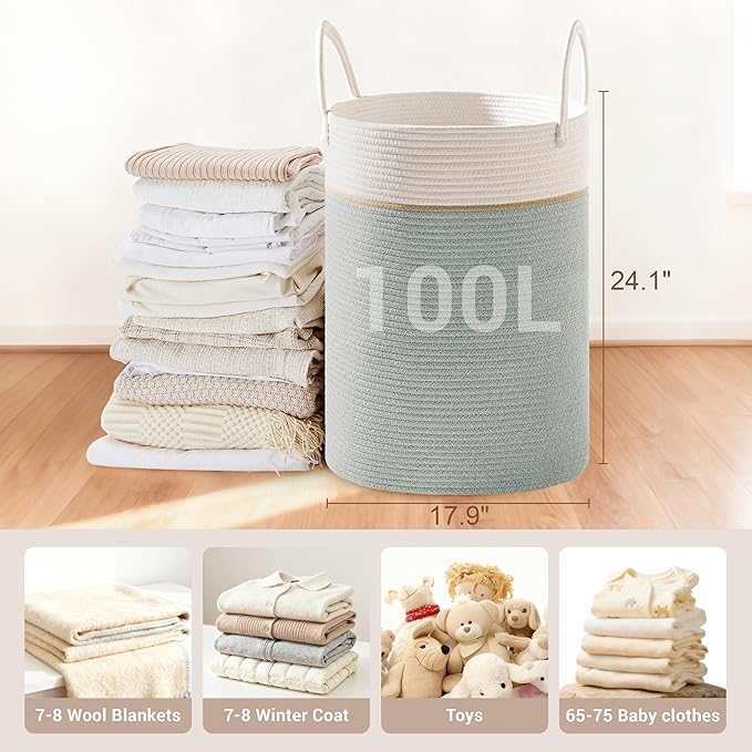 Tall Laundry Basket with Handles, 100L Portable Dirty Clothes Hamper, Boho - Image 2