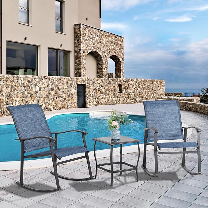 Vongrasig 3 Piece Outdoor Rocking Bistro Set, Textilene Fabric Small Patio Furniture Set, Front Porch Rocker Chairs Conversation Set with Glass Table for Lawn, Garden, Balcony, Poolside (Denim Blue) - Image 2