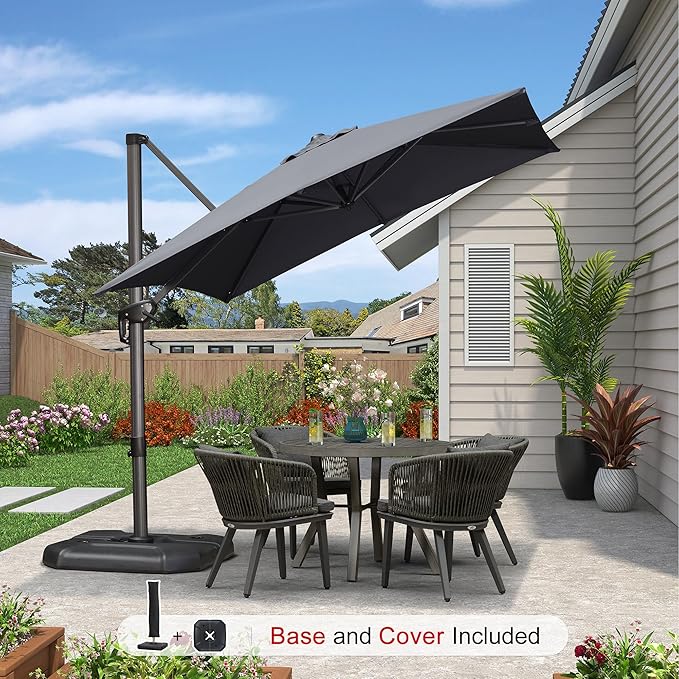 PURPLE LEAF 8'×8' Patio Cantilever Umbrella with Base Included Offset Outdoor Umbrella with cover Square umbrella outdoor patios for Backyard Pool Garden Grey - Image 2