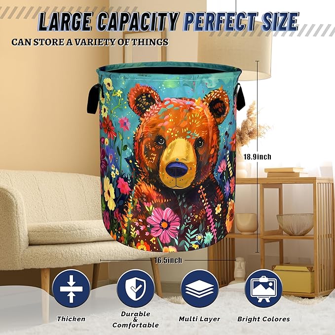 Bear Laundry Basket Oxford Cloth Foldable Colored Animal Flowers Laundry Hamper - Image 3