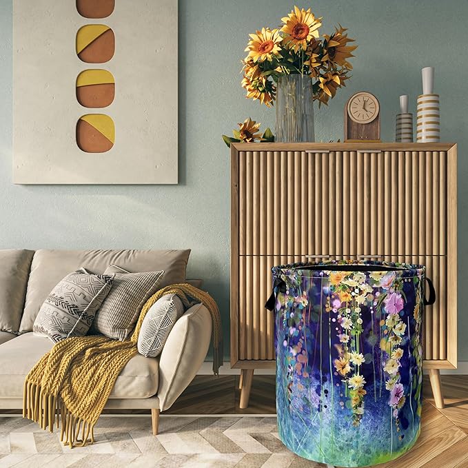 Beautiful Blue Green Floral Laundry Basket Foldable - Image 7