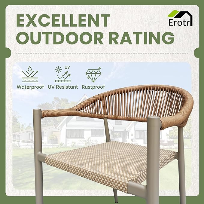 4 Pcs Stackable Patio Dining Chairs, Aluminum Rattan Outdoor Dining Chair with Arms, Woven Rope Garden Armchair Metal No Assembly for Bistro Balcony Porch Deck Yard Cafe Restaurant, Light Brown - Image 4