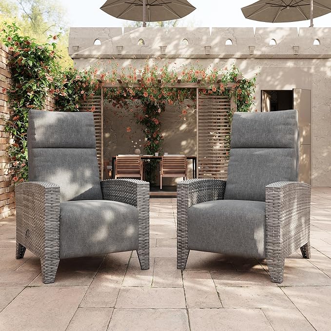 IDEALHOUSE Wicker Outdoor Recliner Reclining Patio Chairs with Adjustable Back & Footrest 150° Lay-Flat Reclining with Air Pump Rattan Flip-Up Side Table Outdoor Lounge Chairs for Pool Deck Balcony by IDEALHOUSE