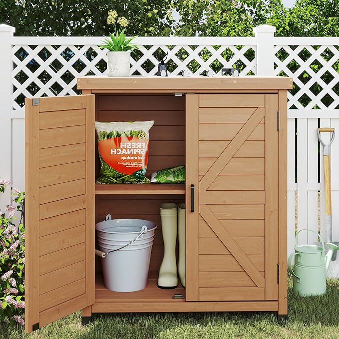 Outdoor Storage Cabinet & Potting Bench Table with Metal Top, Wooden Patio Furniture, Garden Workstation (Light Brwon, 36x31x17in) - Image 2
