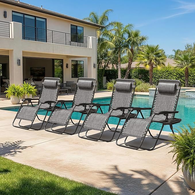 Homall Zero Gravity Chair Patio Folding Lawn Outdoor Lounge Reclining Chair with Cup Holder Pillows for Poolside Backyard and Beach Set of 4 Double Grey - Image 5