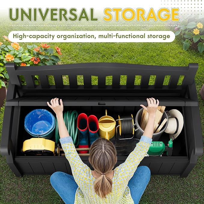 Greesum 80 Gallon Storage Bench Outdoor Deck Box with Armrest, Patio Furniture,Lockable, Waterproof and UV Resistant, Suitable for Garden, Pool, Black - Image 5