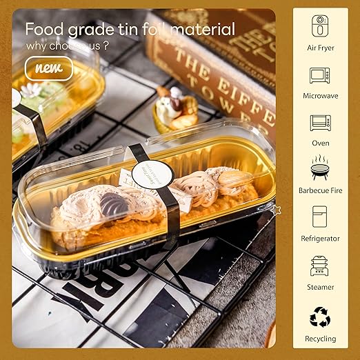 50 Pack Mini Cake Pans with Lids and Spoons Black Gold Rectangular Aluminum - Image 2