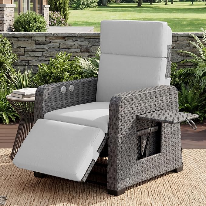Restland Outdoor Recliner with Independent Adjustable Back & Footrest Wicker Patio Reclining Chair with Flip Table Comfortable Lounge Chair & Thick Cushion for Deck, Porch (Grey) by Restland