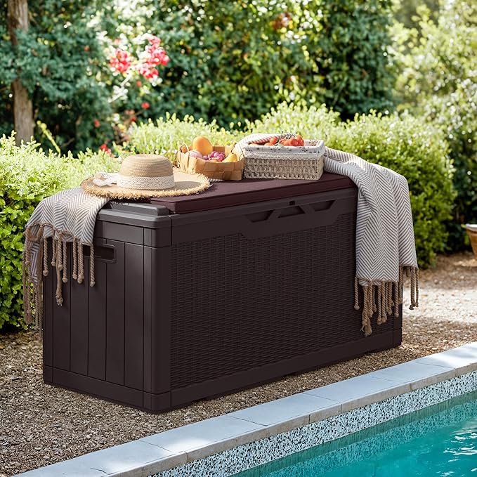 Greesum 100 Gallon Resin Deck Box Large Outdoor Storage with Cushions for Patio Furniture, Garden Tools, Pool Supplies, Weatherproof and UV Resistant, Lockable, Dark Brown - Image 3
