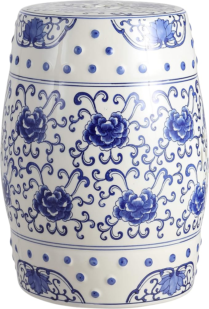 JONATHAN Y TBL1000A Lotus Flower 17.8" Chinoiserie Ceramic Drum Indoor/Outdoor Garden Stool Bohemian, Coastal, Classic, Cottage, French Country, Traditional, Bathroom, Garden Room, Patio, Blue/White by JONATHANY