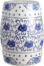 JONATHAN Y TBL1000A Lotus Flower 17.8" Chinoiserie Ceramic Drum Indoor/Outdoor Garden Stool Bohemian, Coastal, Classic, Cottage, French Country, Traditional, Bathroom, Garden Room, Patio, Blue/White by JONATHANY