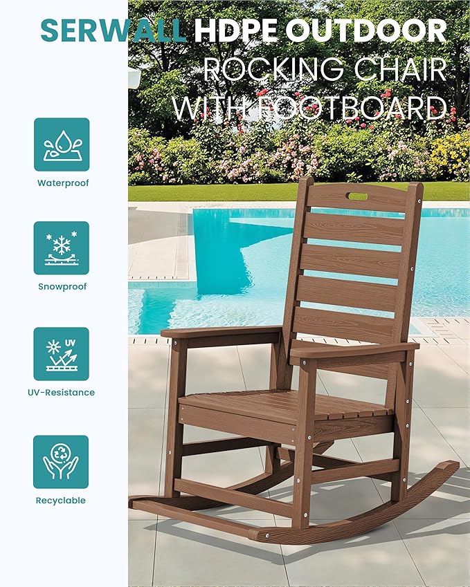 SERWALL Outdoor Rocking Chair, Oversized Rocking Chair with Footrest for Adults, HDPE All Weather Resistant Rocking Chairs for Patio, 350lbs Weight Capacity, Brown - Image 4