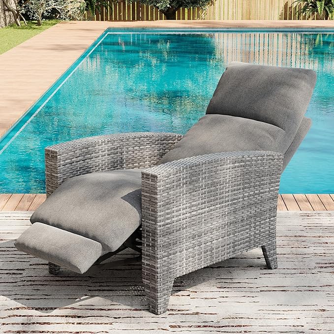 IDEALHOUSE Wicker Outdoor Recliner Reclining Patio Chairs with Adjustable Back & Footrest 150° Lay-Flat Reclining with Air Pump Rattan Flip-Up Side Table Outdoor Lounge Chairs for Pool Deck Balcony - Image 4