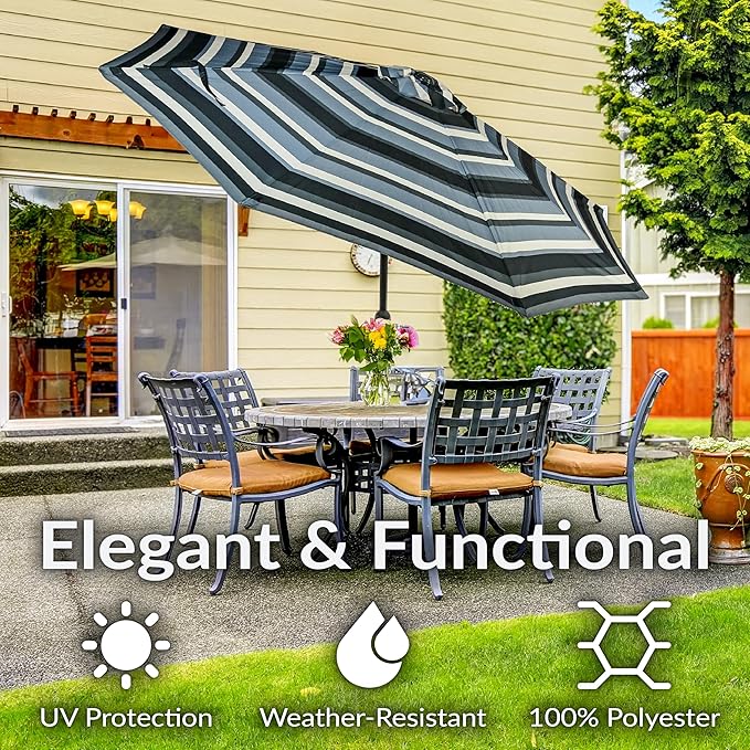 Sunnydaze Outdoor Patio Umbrella - Polyester Table Market Umbrella with Push-Button Tilt and Crank - 8 Sturdy Ribs - Catalina Beach Stripe - 9ft - Image 3