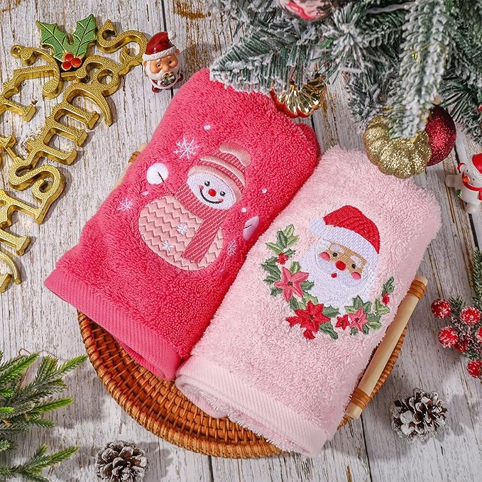 3Pcs Christmas Pink Hand Towel Set Cotton Xmas Tree Santa Snowman Bathroom - Image 4
