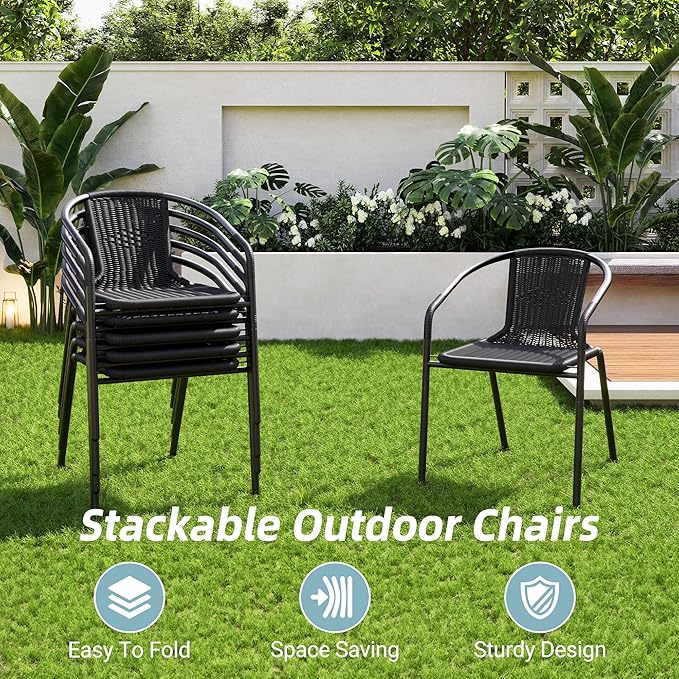 Amopatio Outdoor Dining Chairs Set of 6, Rattan Patio Chairs Wicker, Stackable Indoor-Outdoor Chair, Bistro, Deck, Yard, Porch, Restaurant Stack Chairs, Black - Image 3