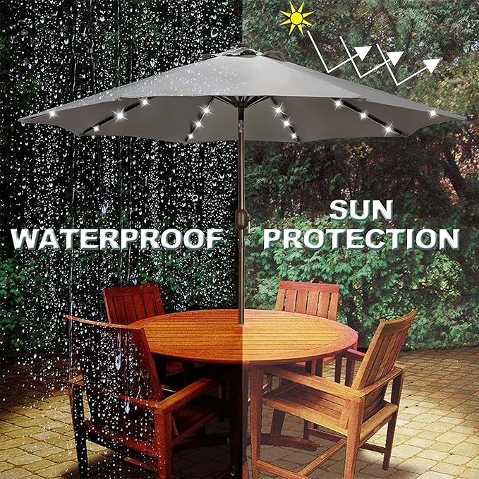 Blissun 9 ft Solar Umbrella, 32 LED Lighted Patio Umbrella, Table Market Umbrella, Outdoor Umbrella for Garden, Deck, Backyard, Pool and Beach (Grey) - Image 5
