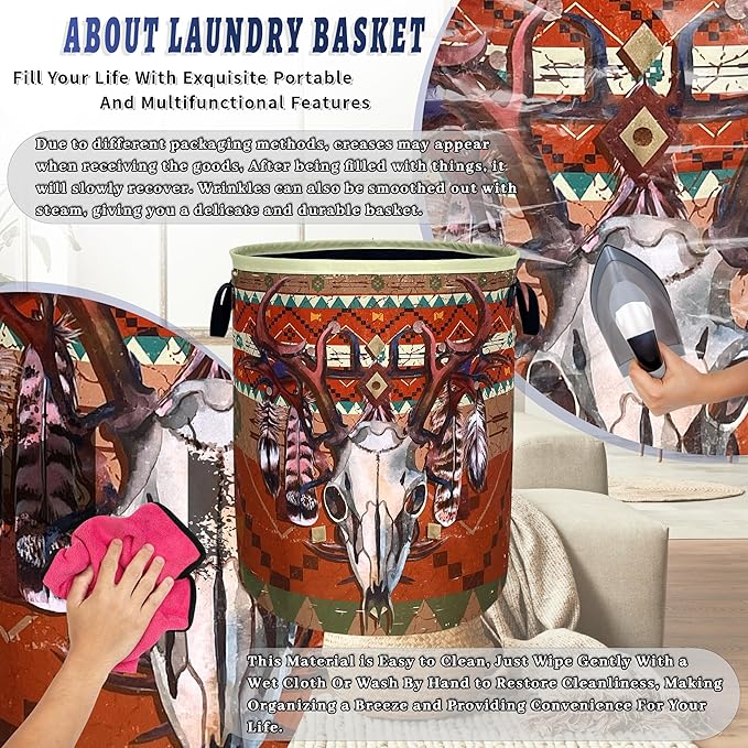 Longhorn Cattle Skull Laundry Basket Oxford Cloth Colorful Tribal Laundry Hamper - Image 8
