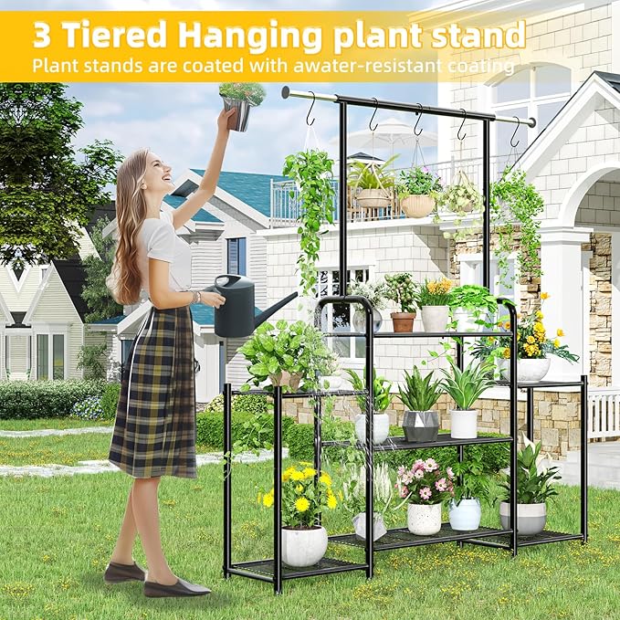 Simple Trending Plant Stand Indoor Outdoor, Metal 3 Tier Tall Hanging Plant Shelf for Multiple Flower Planter Large Heavy Duty Ladder Plant Holder for Garden, Black - Image 4