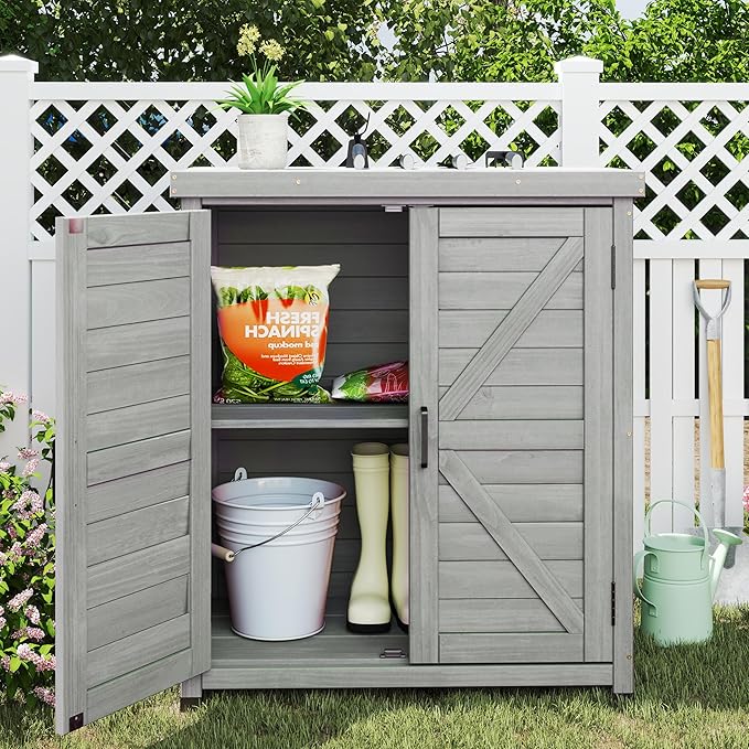 Outdoor Storage Cabinet & Potting Bench Table with Metal Top, Wooden Patio Furniture, Garden Workstation (Classic Grey, 36x31x17in) - Image 2
