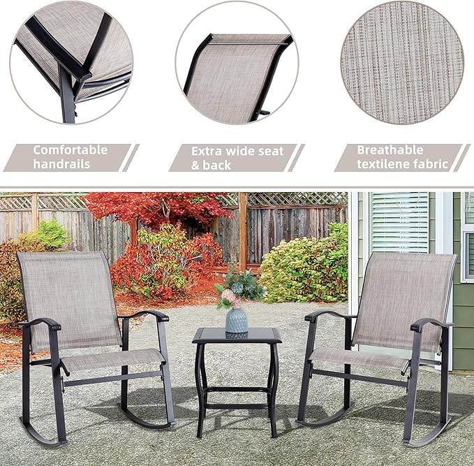 Vongrasig 3 Piece Outdoor Rocking Bistro Set, Textilene Fabric Small Patio Furniture Set, Front Porch Rocker Chairs Conversation Set with Glass Table for Lawn, Garden, Balcony, Poolside (Taupe) - Image 4