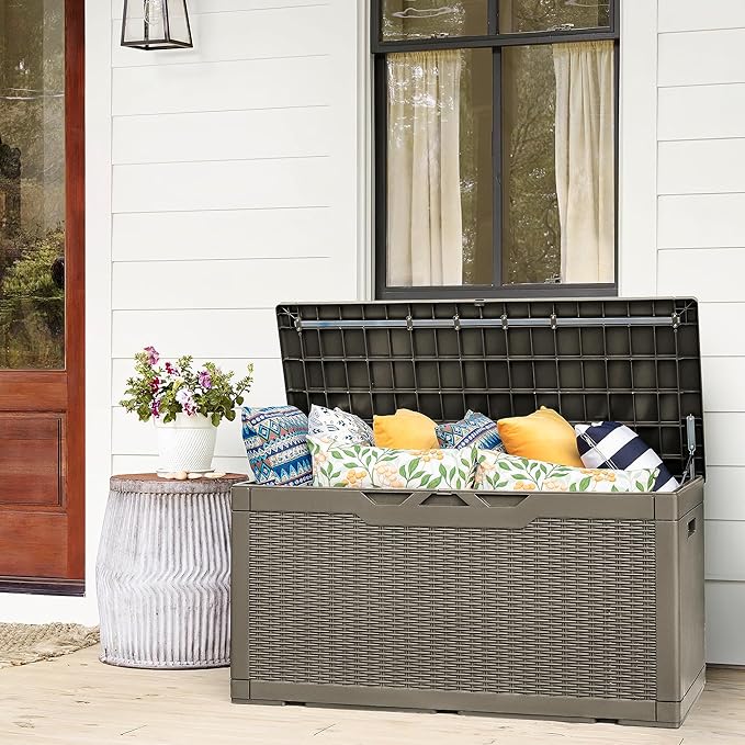 Flamaker Deck Box with Cushion 100 Gallon Waterproof Resin Storage Box with Air Rod Indoor Outdoor Lockable Storage Bench for Patio Furniture, Tools, Pool Accessories (Brown) - Image 7