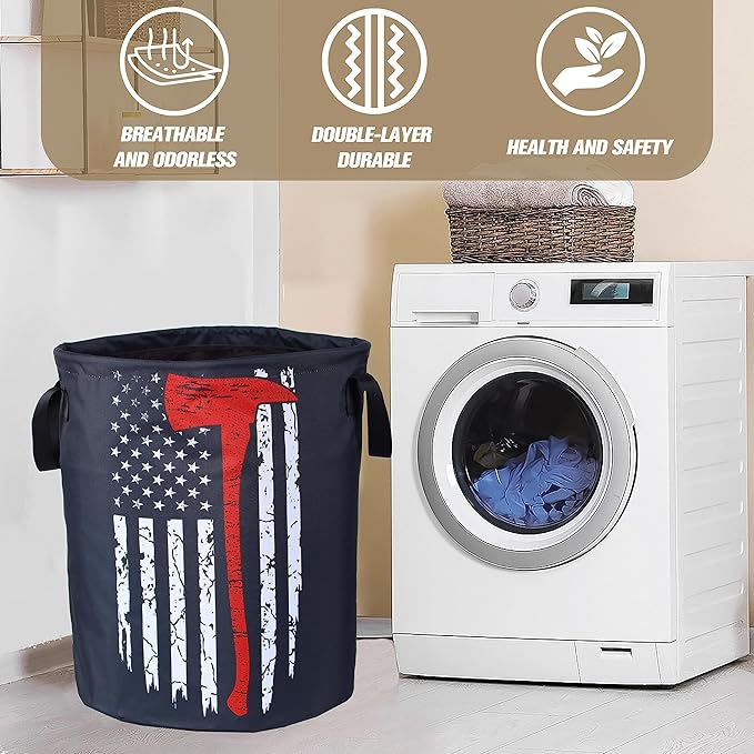 American Flag Red Line Ax Laundry Basket Firemen Foldable Oxford Cloth Funny - Image 7