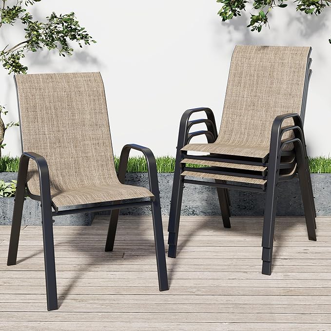 Patio Chairs Set of 4, Stackable Outdoor Dining Chairs for All Weather Textilene Fabric & Metal Frame, Outdoor Chairs Set for Backyard Deck Garden (Brown, Set of 4) by Vimstora