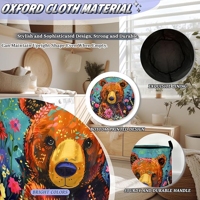 Bear Laundry Basket Oxford Cloth Foldable Colored Animal Flowers Laundry Hamper - Image 6