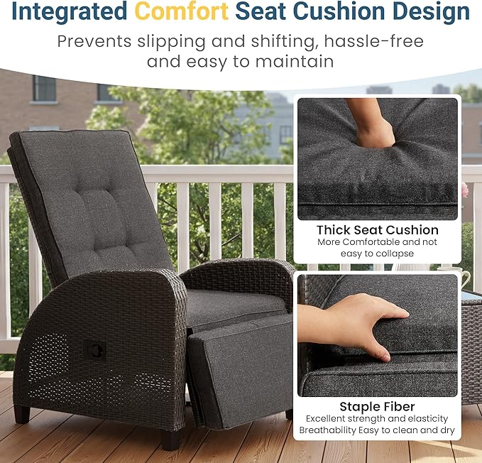 Green4ever Outdoor Patio Recliner with Independently Adjustable Backrest and Footrest, All-Weather Wicker Patio Chair, 160° Lay Flat Patio Reclining Lounge Chair for Backyard Garden, Grey - Image 4