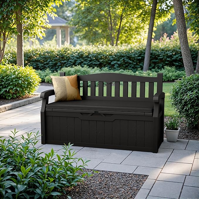 Devoko 80 Gallon Storage Bench with Cushion, Lockable Deck Box for Patio Furniture, Garden Decor and Outdoor Seating for Cushions, Garden Tools and Pool Supplies (Black, 80 Gallon with Cushion) - Image 2