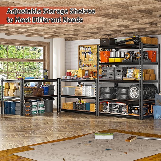 REIBII 2400LBS Storage Shelves 5 Tier Garage Shelving Heavy Duty, Adjustable Metal Shelving, Garage Shelves for Basement, Warehouse, Pantry, Closet, Kitchen 72" H x 35.55" W x 16" D, Black, 4 Pack - Image 5