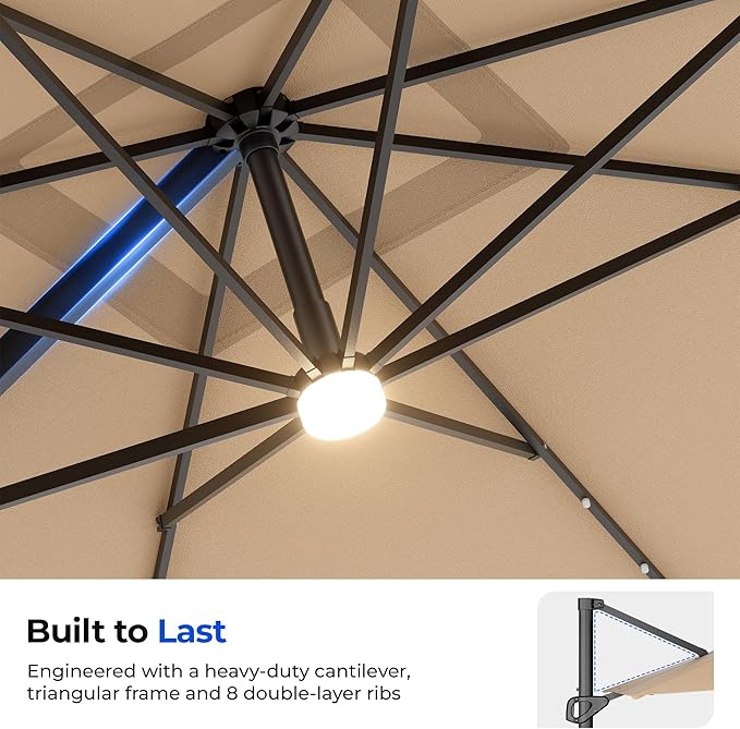 HOMSHADE 10 ft Square Cantilever Patio Umbrella with Base Included, Solar Lights Large Umbrella Outdoor Patio with 360°Rotation&Tilting, LED Lighted Offset Umbrellas w/Stand for Pool Deck - Image 8