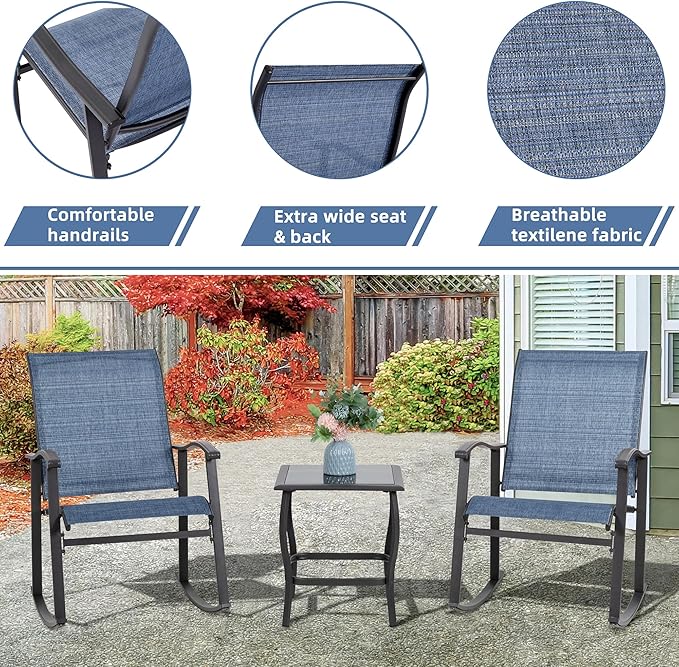 Vongrasig 3 Piece Outdoor Rocking Bistro Set, Textilene Fabric Small Patio Furniture Set, Front Porch Rocker Chairs Conversation Set with Glass Table for Lawn, Garden, Balcony, Poolside (Denim Blue) - Image 3