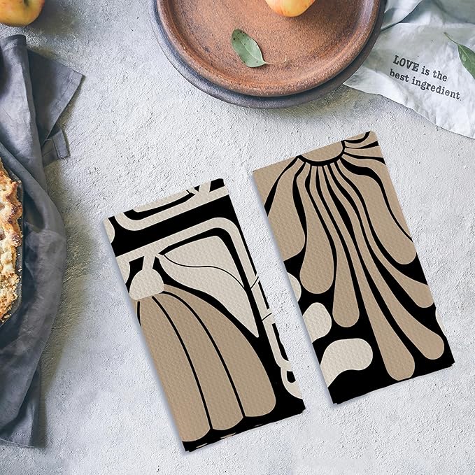 Abstract Boho Neutral Taupe and Beige Floral Kitchen Towels Set of 2, Retro 70s - Image 4
