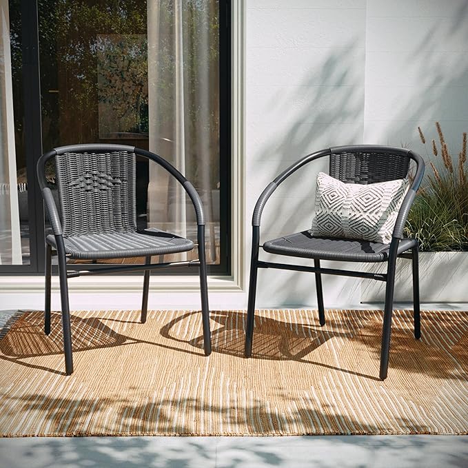 EMMA + OLIVER Set of 2 Modern Rattan Indoor/Outdoor Stack Chairs, Stacking Rattan Patio Chairs with Curved Back and Cross Bracing, Gray by EMMAOLIVER