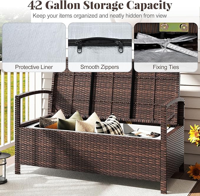 Tangkula 42 Gallon Outdoor Bench with Storage, Outdoor PE Rattan Storage Bench with Cushion, Backrest & Acacia Wood Armrests, Metal Frame, Waterproof Deck Box Seat for Porch Backyard Poolside - Image 4